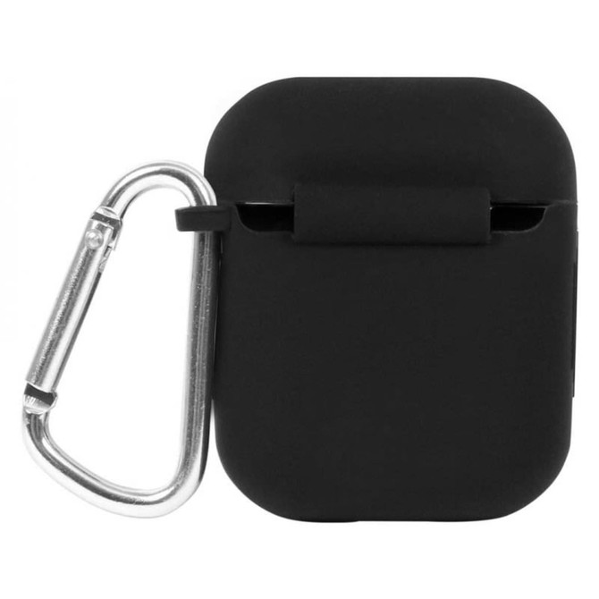 A black earbud case with a carabiner attached for easy carrying. It has a sleek, minimalist design.