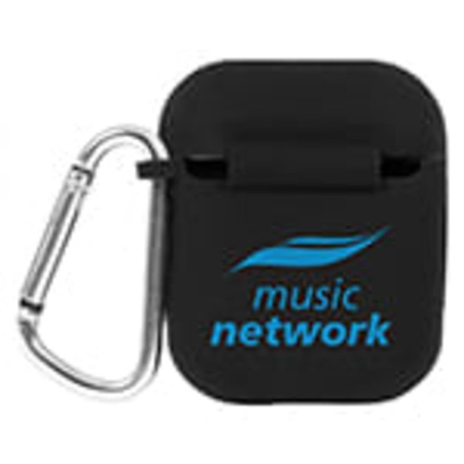 A black earbuds case with a carabiner and a logo in blue.