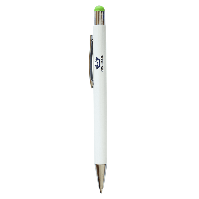A stylus pen featuring a white barrel with a green top and silver trim, including a logo.