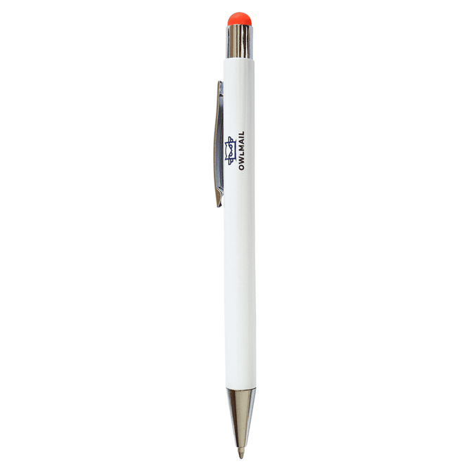 A white stylus pen with a silver tip and an orange rubber top, featuring a logo.