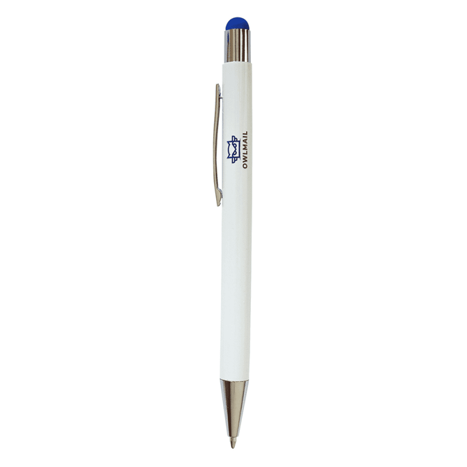 A white stylus pen with a blue tip and silver accents, featuring a branding logo on the barrel.