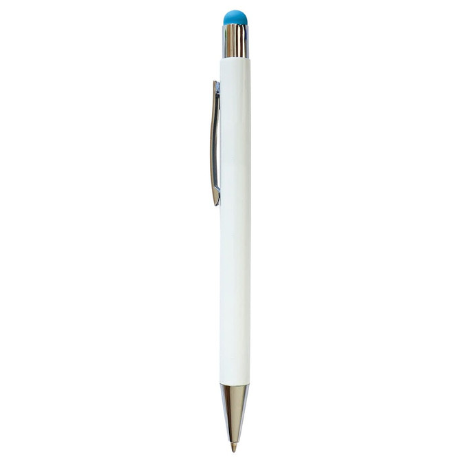 A white stylus pen with a blue tip and metallic accents, featuring a clip and a logo.