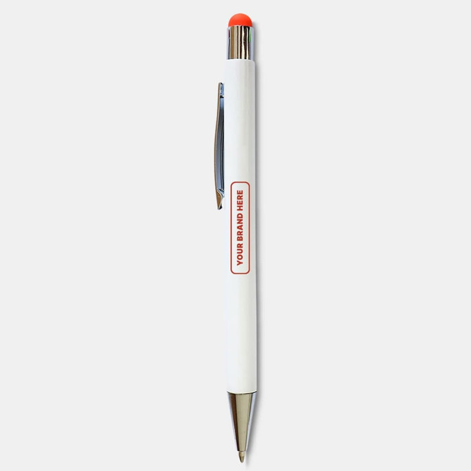 A white stylus pen with a chrome clip and an orange tip, featuring a branded section.