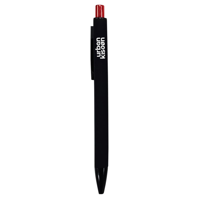 A black plastic pen with a red top and a branding logo.