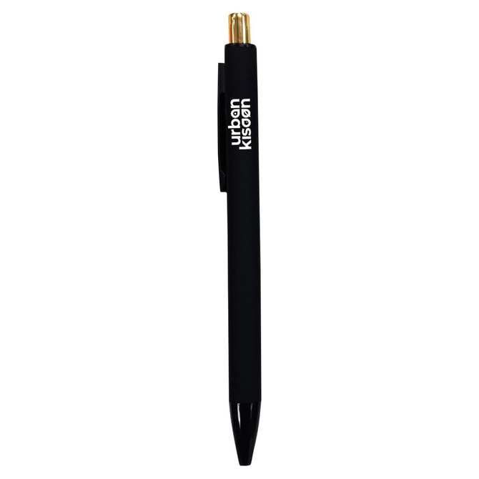 A plastic pen in black with a gold tip and a branding logo.