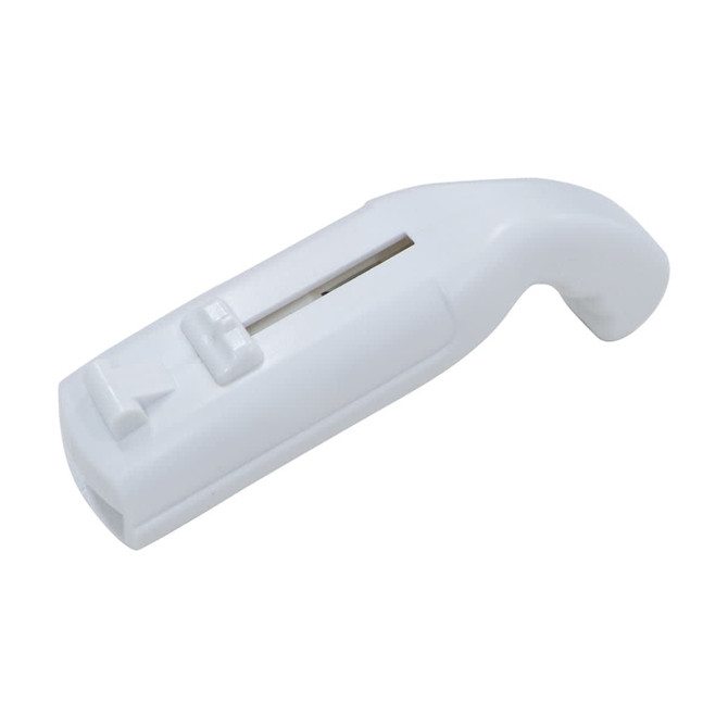 A drink bottle opener in white, featuring a sleek, curved design and a small branding logo.