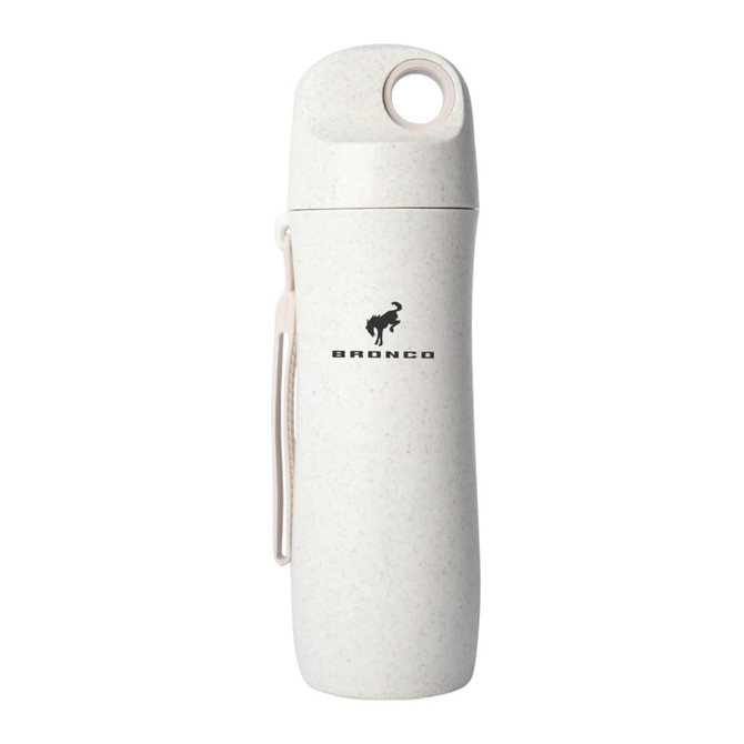 A drink bottle in light grey with a straw design, featuring a loop for carrying and a logo.