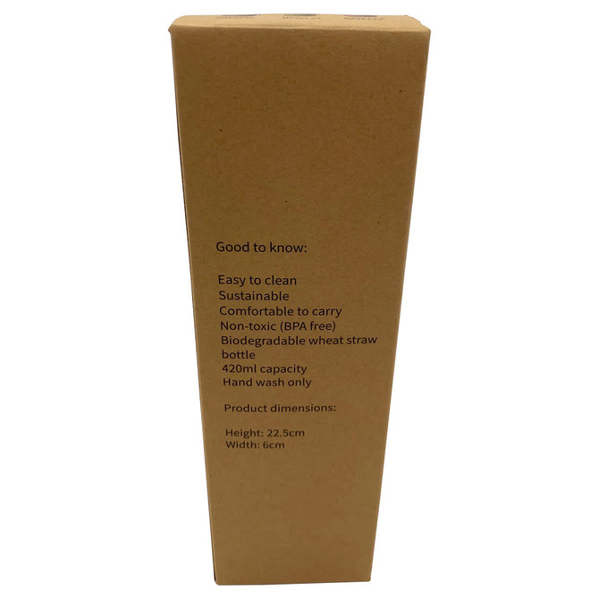 A drink bottle made from biodegradable wheat straw, featuring a cylindrical shape and a natural brown colour. It has a logo.