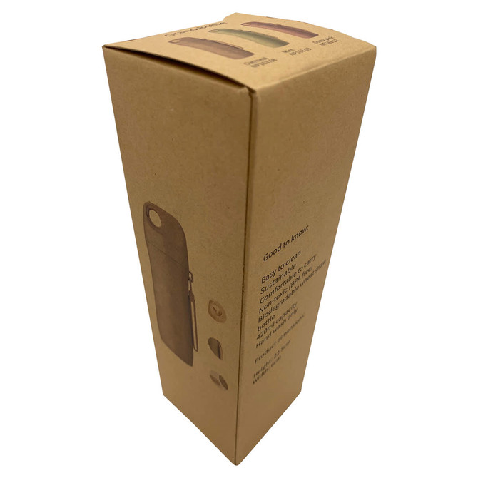 A packaging box for a wheat straw water bottle, featuring a brown colour and a side view with various button details.