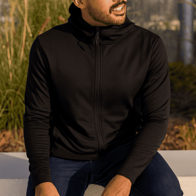 A black zip-up hoodie with a high collar, featuring a fitted design and long sleeves.