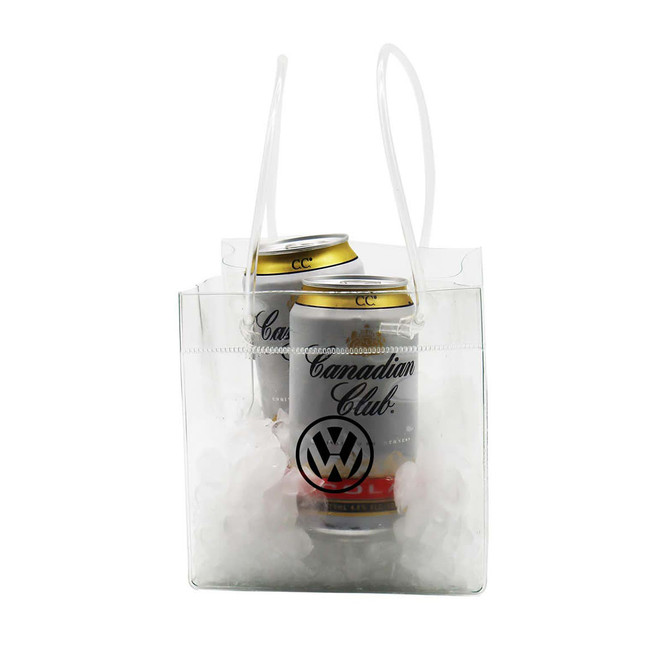 A transparent cooler bag holding two cans of Canadian Club, filled with ice, featuring a logo on the front.