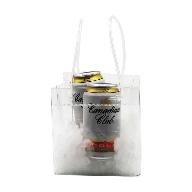 A clear cooler bag holds two cans, surrounded by ice, with transparent handles for easy carrying.