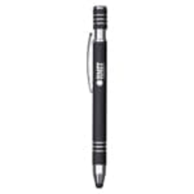 A black metal pen with silver accents and a clip, featuring a branded logo.