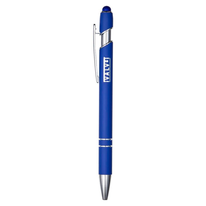 A blue metal pen with a silver clip and trim, featuring a logo on its body.