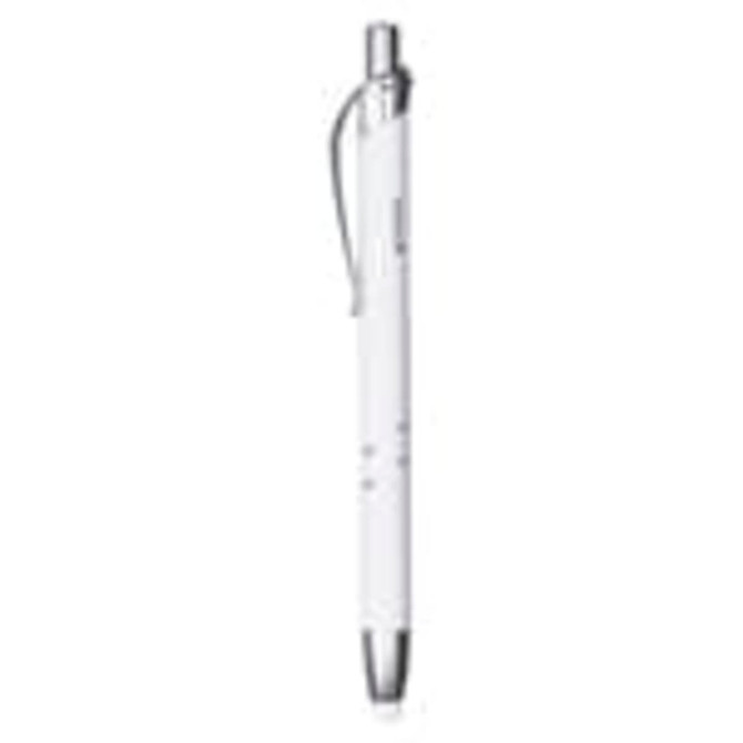 A white metal pen featuring a silver clip and a sleek design, with a logo on its body.