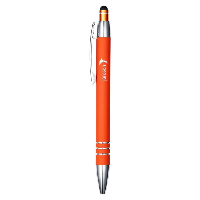 An orange metal pen with a chrome clip and tip, featuring a branding logo.