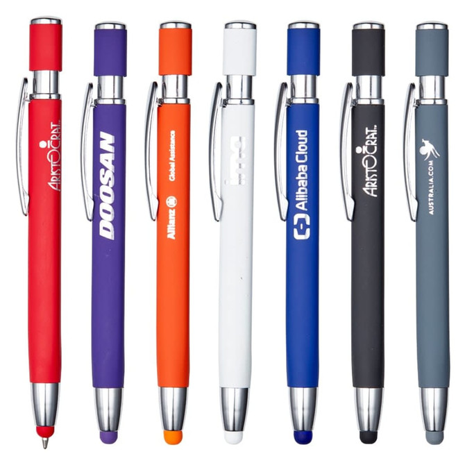 A collection of metal pens in various colours, including red, purple, orange, white, and grey, featuring branding.
