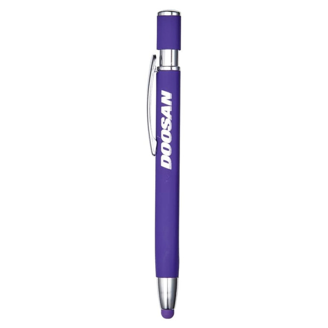 A metal pen with a purple body and silver accents, featuring a logo on the side.