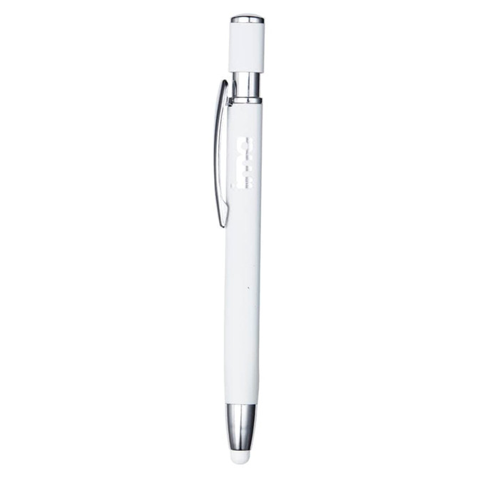 A white metal pen with a chrome clip and tip, featuring a branding logo.
