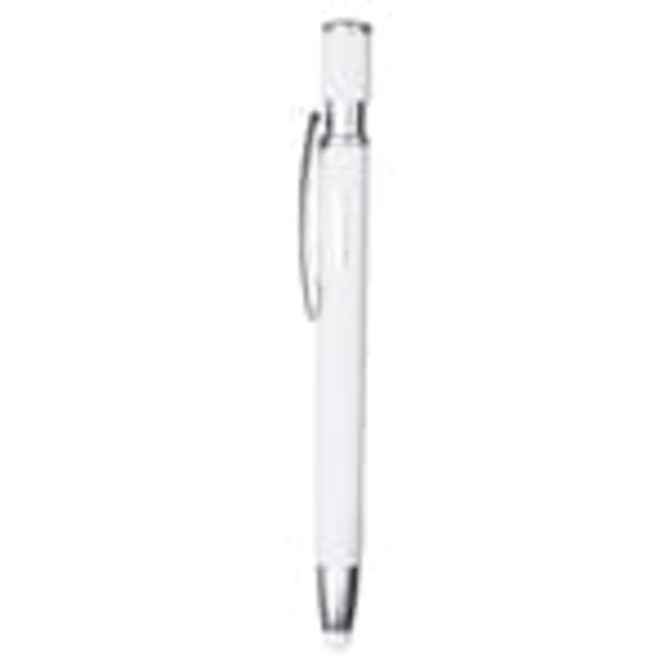 A metal pen in white with silver accents, featuring a clip and a sleek design. It has a branding logo.