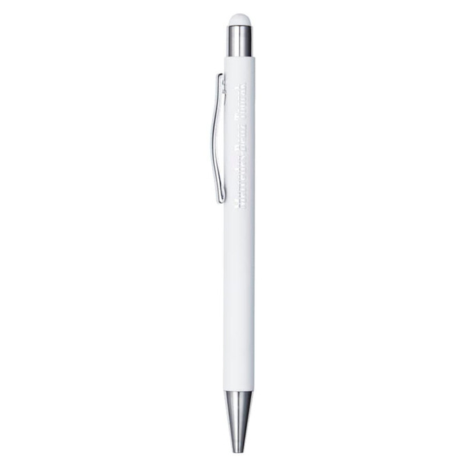 A white metal pen with a silver clip and tip, featuring a logo on its body.