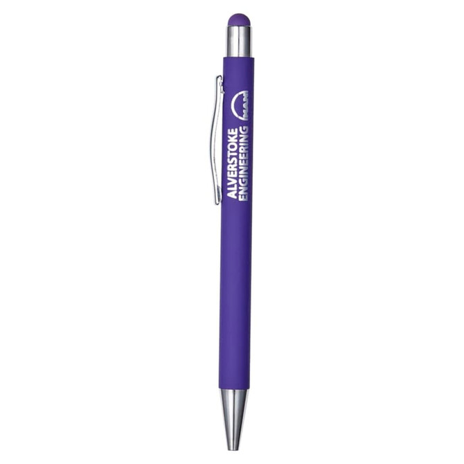 A purple metal pen with a silver clip and a branding logo. Features a smooth finish and a stylus tip.