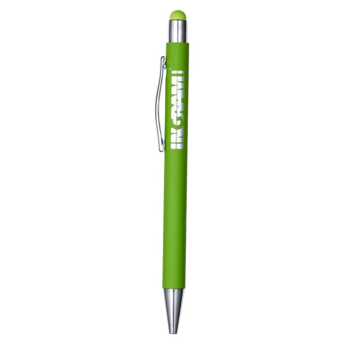 A green metal pen featuring a silver clip and a rounded tip, with a logo on the barrel.