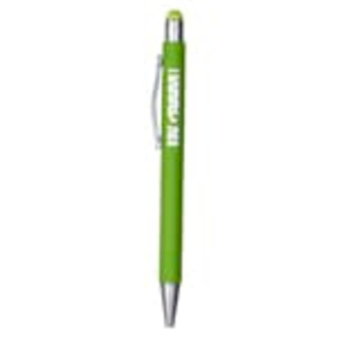 A metal pen in a bright green colour with a silver clip and tip, featuring a logo on the barrel.