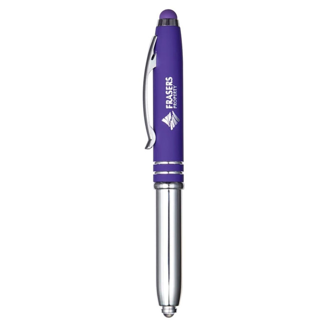 A purple stylus pen with a silver clip and tip. It features a branding logo on the barrel.