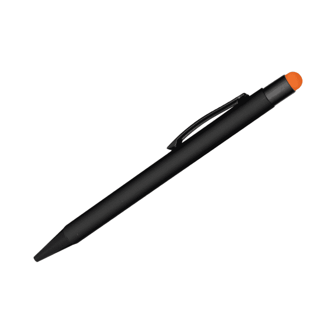 A black pen with an orange stylus tip, featuring a clip and a simple design. It has a logo on the body.