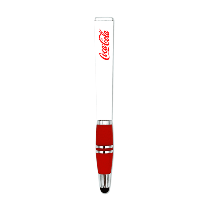 A red stylus pen with a white barrel and a branding logo on the side.