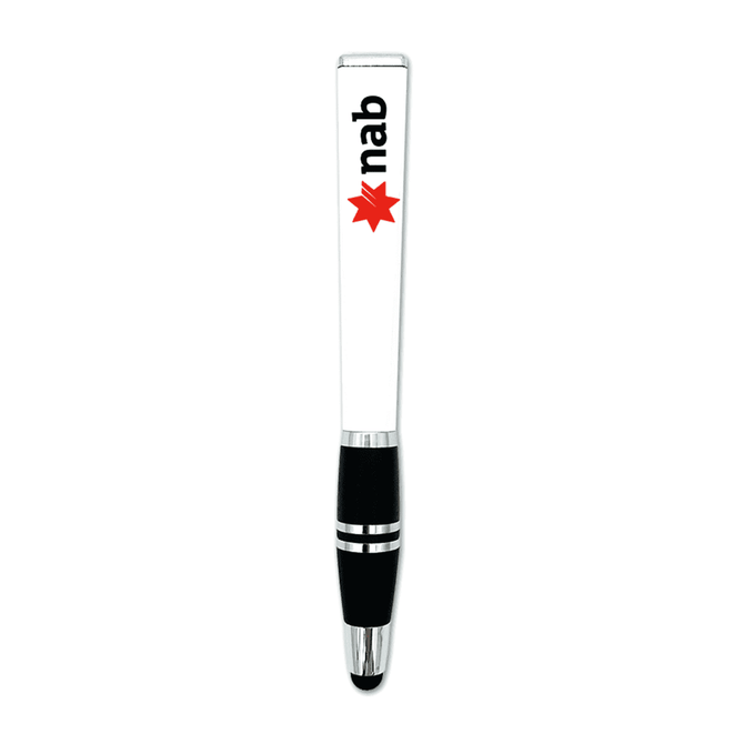 A white and black stylus pen with a branding logo at the top.