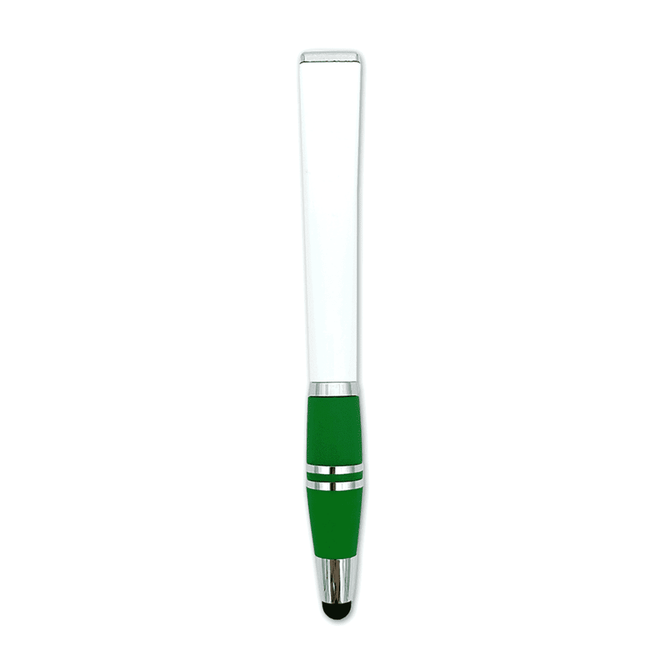 A stylus pen with a green grip and a clear barrel, featuring a metallic tip and an end designed for touchscreen use.