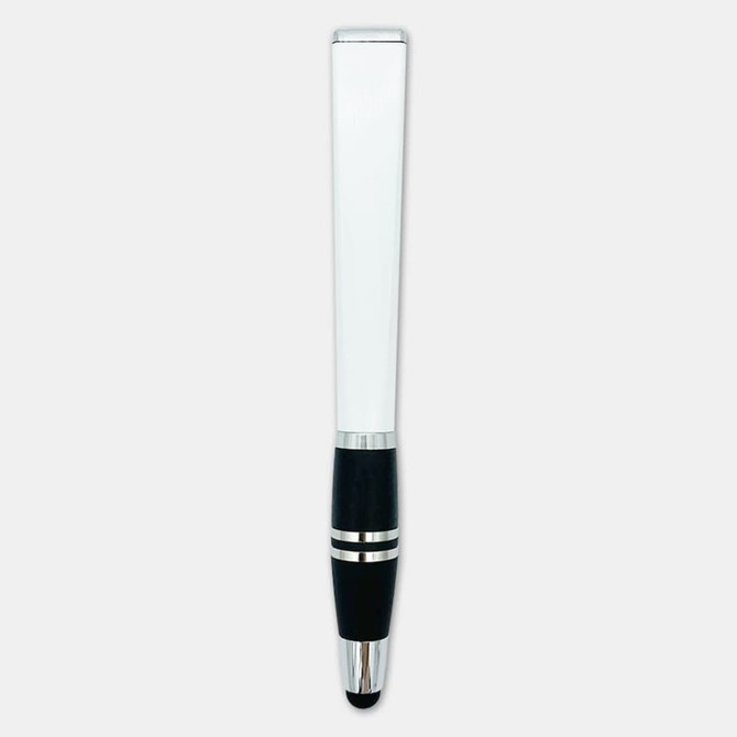A stylus pen featuring a sleek white body with black accents and a chrome tip, complete with a branding logo.
