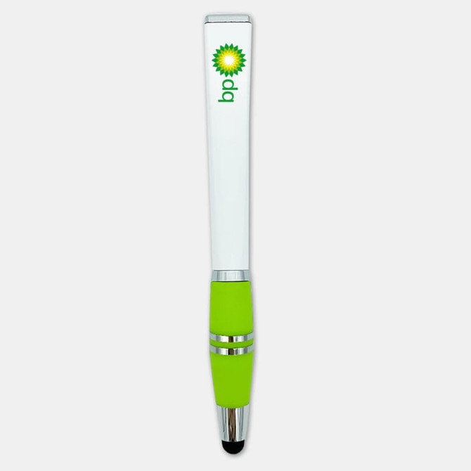A sleek white and green stylus pen with a branding logo on the upper part.