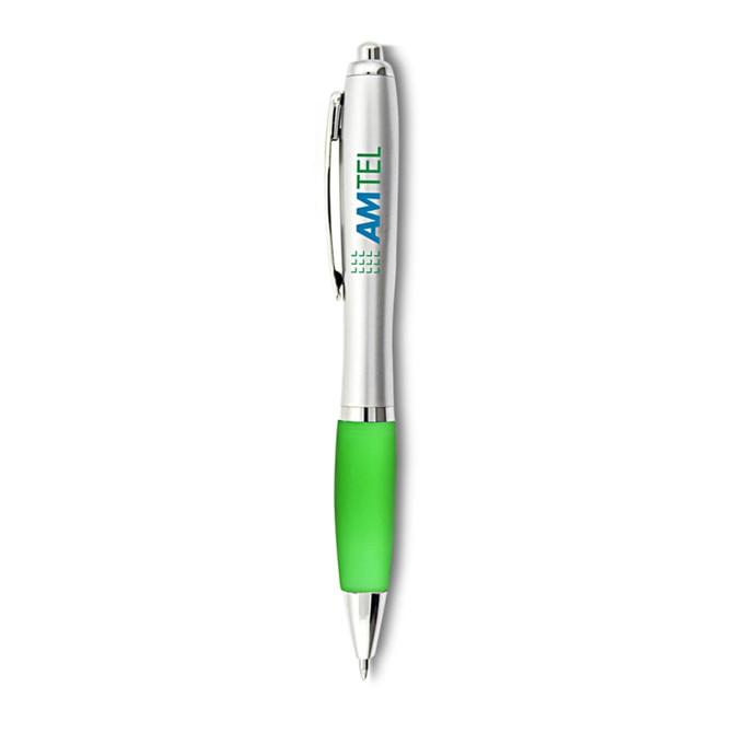 A plastic pen with a silver barrel and a green grip. It features a logo on the barrel.