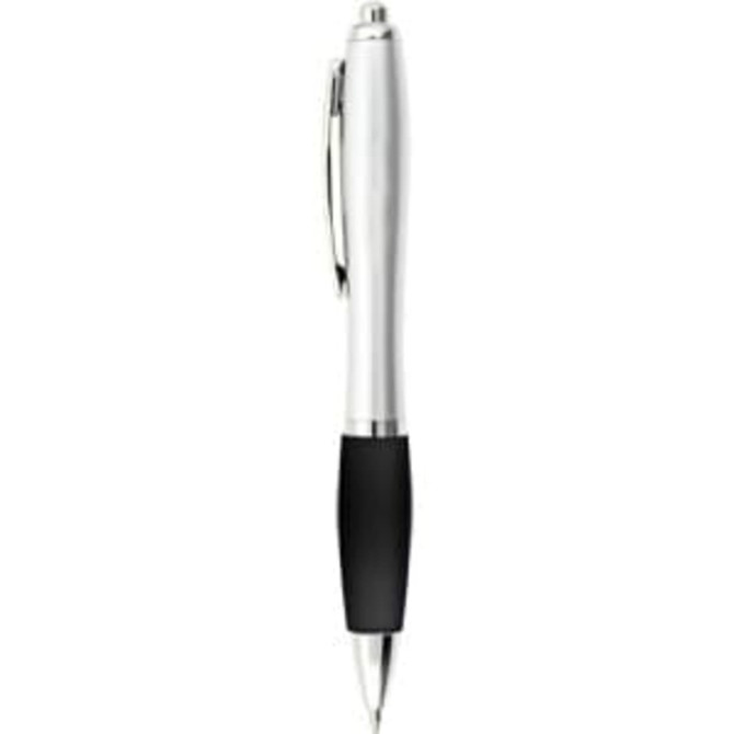 A silver pen with a black rubber grip and a silver clip, featuring a logo on the body.