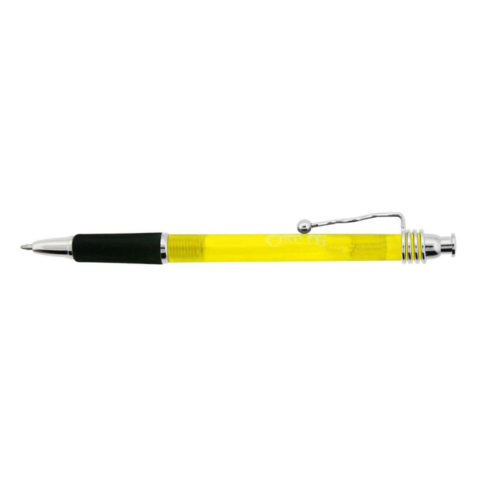 A plastic pen featuring a yellow barrel with a black grip and silver accents. It has a branding logo on the side.