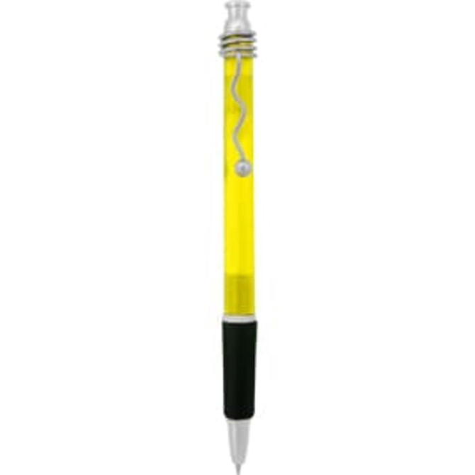 A yellow plastic pen with a silver trim and black grip, featuring a decorative swirl design and a logo.