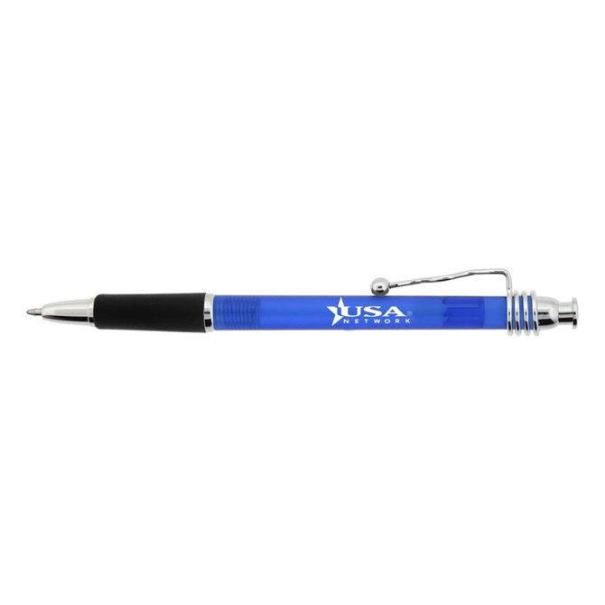 A blue plastic pen with a silver clip and black grip, featuring a logo on the barrel.
