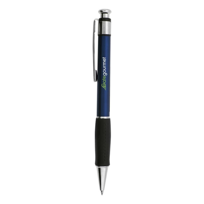 A blue plastic pen with silver accents and a textured black grip, featuring a logo on its surface.