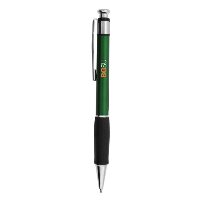 A green plastic pen with a silver clip and grip, featuring a logo on the barrel.