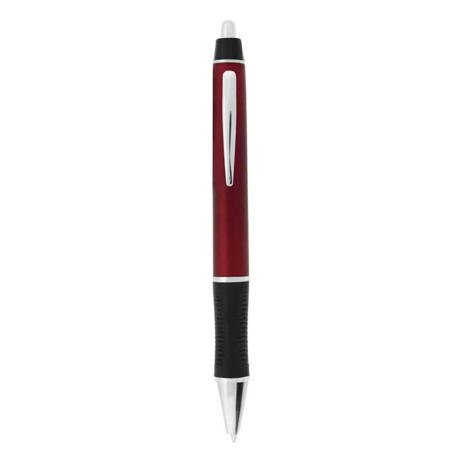 A red plastic pen with a black grip and silver accents, featuring a branding logo.