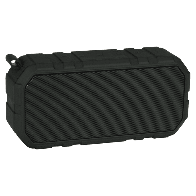 A black outdoor waterproof Bluetooth speaker with a textured surface and a rugged design, featuring a logo.
