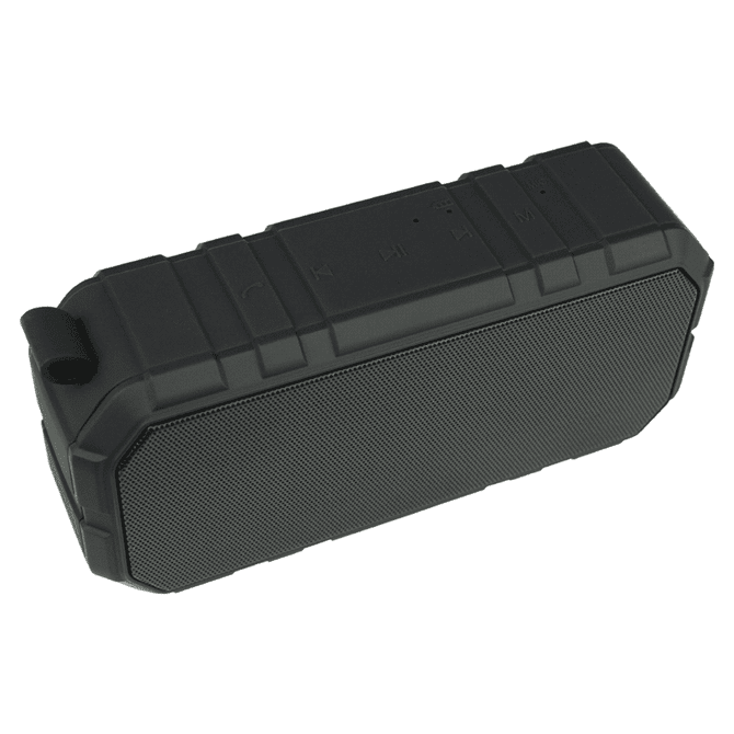 A black waterproof Bluetooth speaker with a rugged exterior, featuring control buttons on the top and a logo.