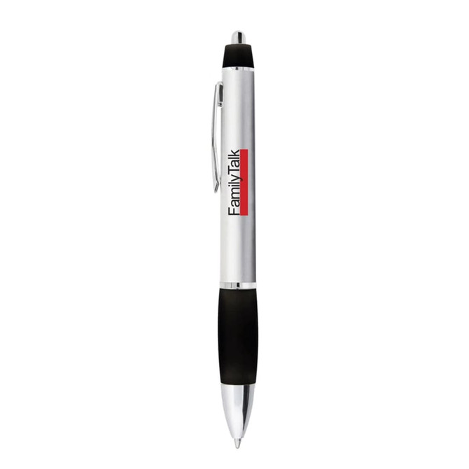 A metal pen with a silver body, black grip, and a logo.