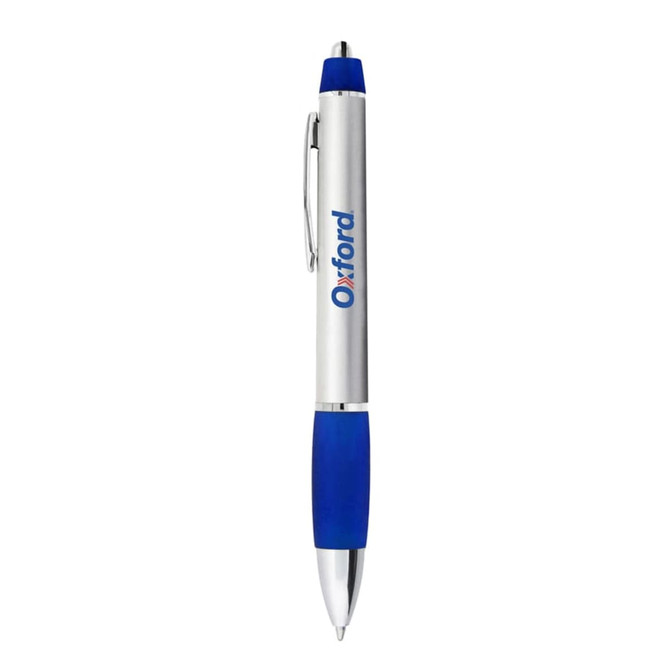 A metal pen featuring a silver barrel with a blue grip and clip, alongside a logo.