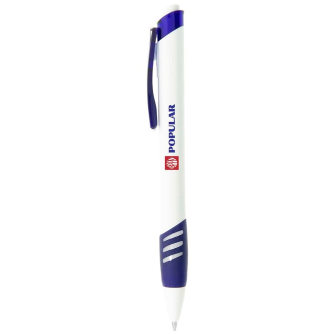 A plastic pen featuring a white barrel and blue accents, with a clip and branding on the side.