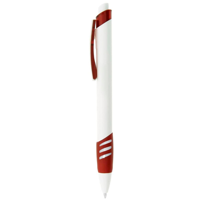 A plastic pen in white with red accents, featuring a clip and a logo.