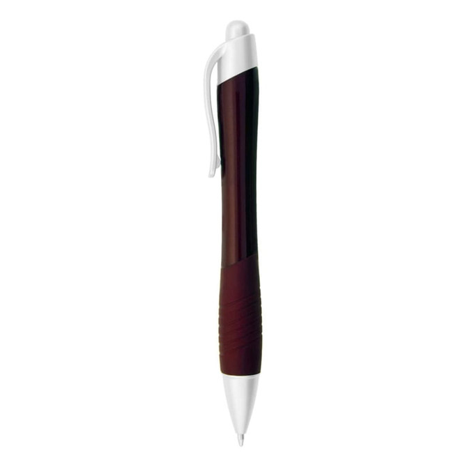 A metallic pen with a burgundy barrel and silver accents, featuring a clip and textured grip.